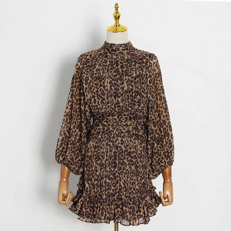 Twotwinstyle Leopard Dress Women Stand Neck Lantern Sleeve Hollow Out ...