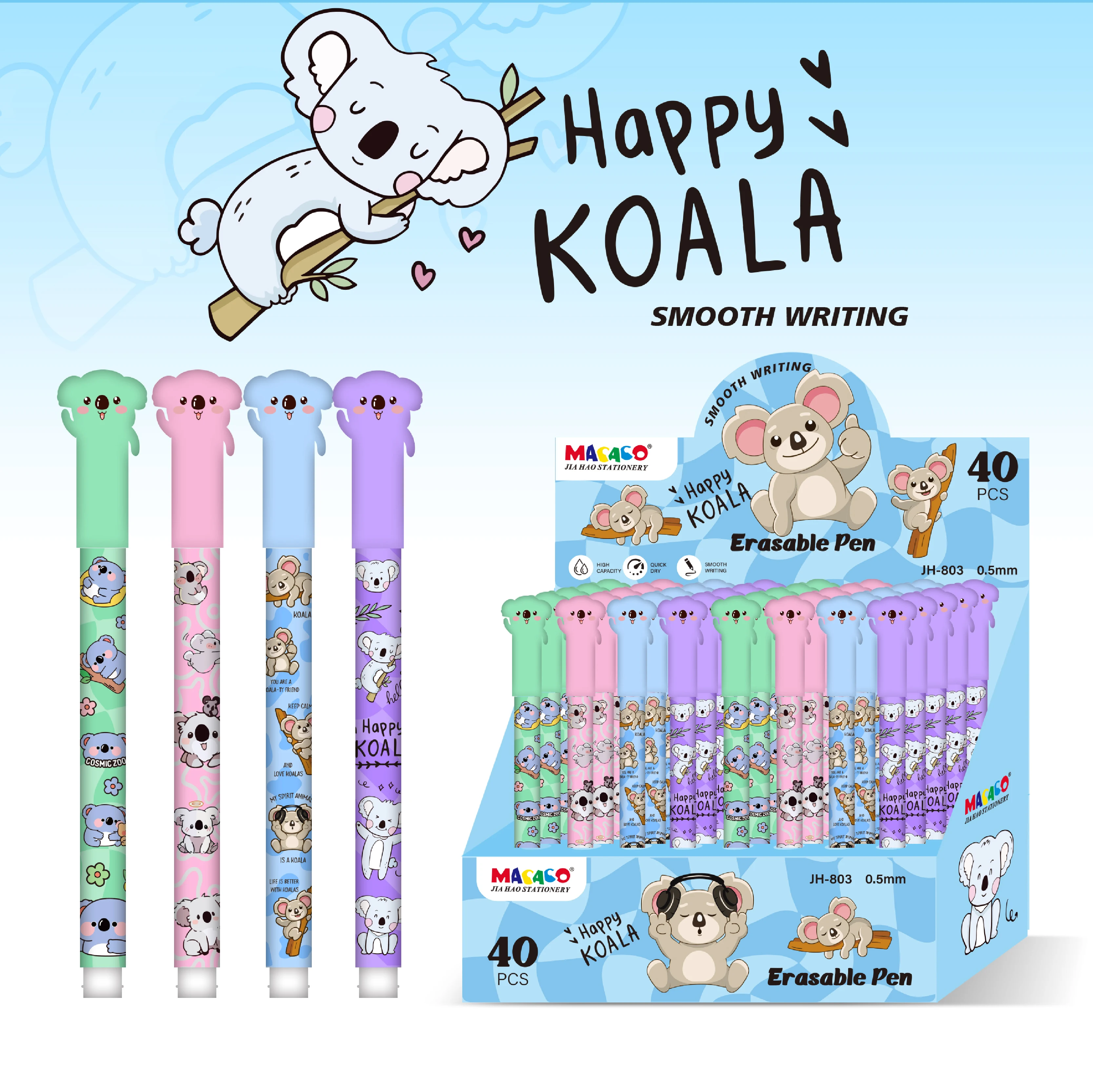 Stylo gel effaçable motif koala bleu pour écriture fluide_voghion.com