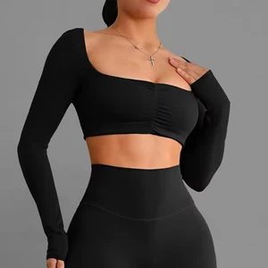 Plus Size Gym Set Women Square Collar Long Sleeve Breathable Yoga Sets for Outdoor Running Training Active Wear