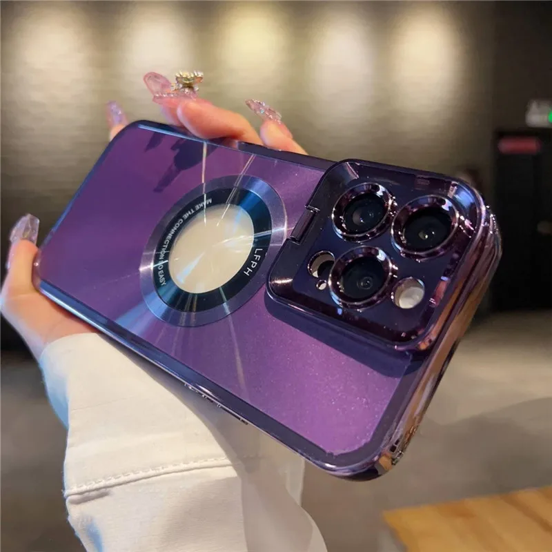Plating Laser CD Texture Lens Stand Bracket Holder Case for IPhone15 14Pro Max 13 12 11 Logo Hole Magnetic Wireless Charge Cover