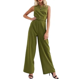 Fashion Ladies Casual Jumpsuit With Solid Sleeveless Waist Belt Wide Leg Plus Size Loose Fit Jumpsuit