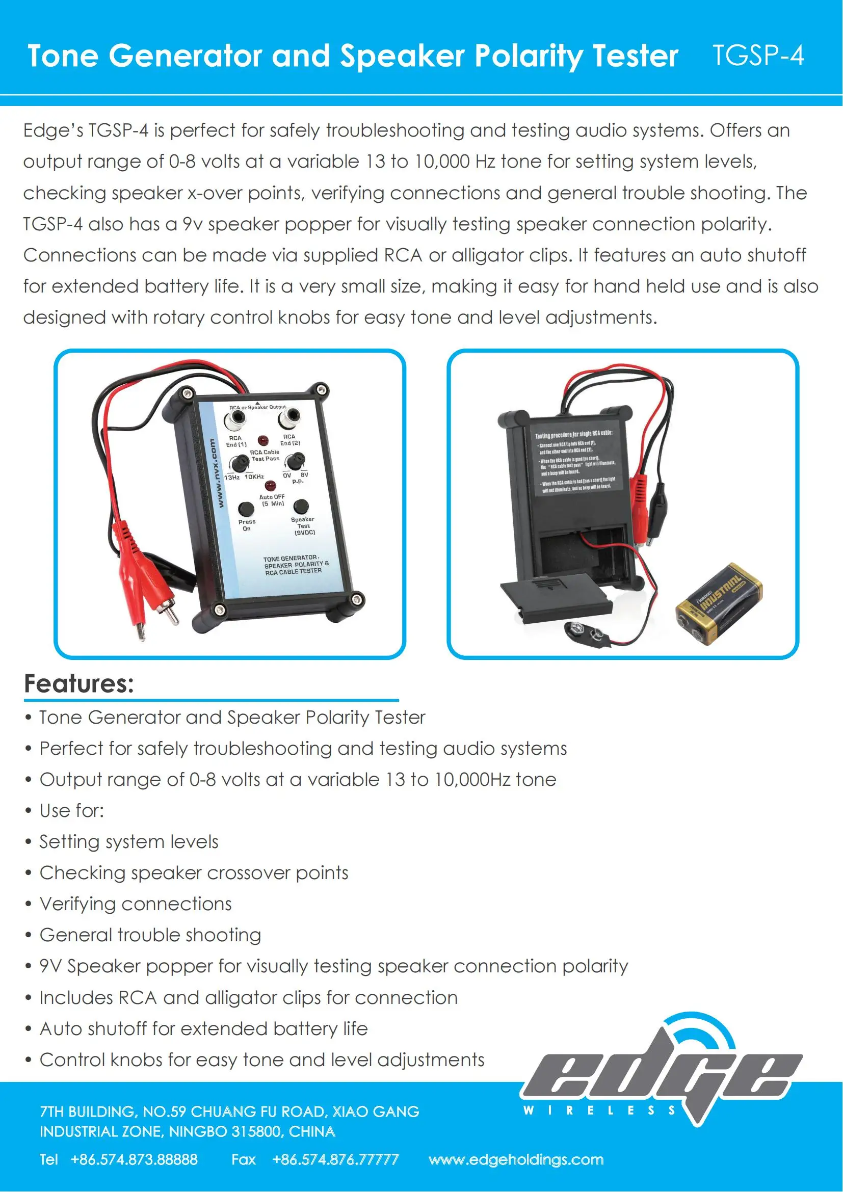 Auto Shutoff for Extended Battery Life Speaker Polarity Tester w/ Tone Generator 
