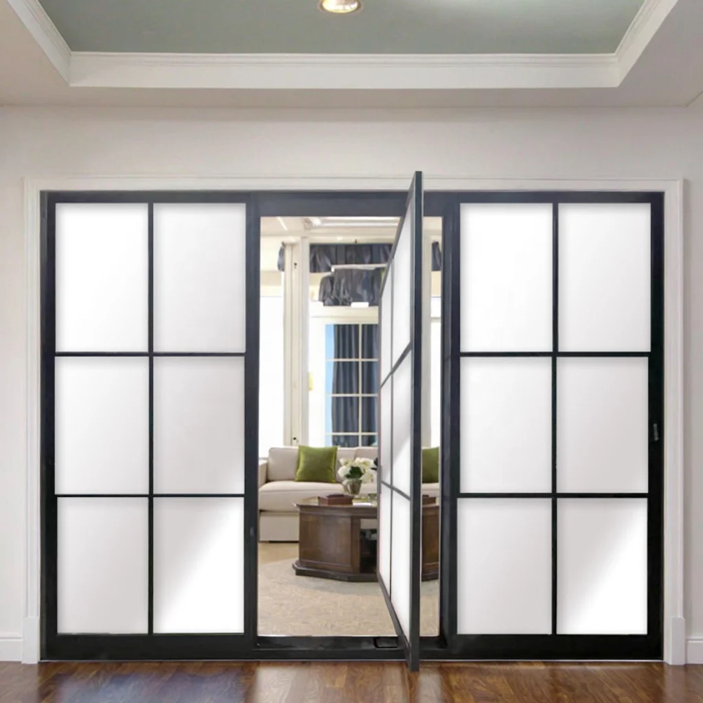 Modern Wrought Iron Glass French Door with Windproof Feature for Villa & Hotel Use Exterior and Interior Graphic Design details