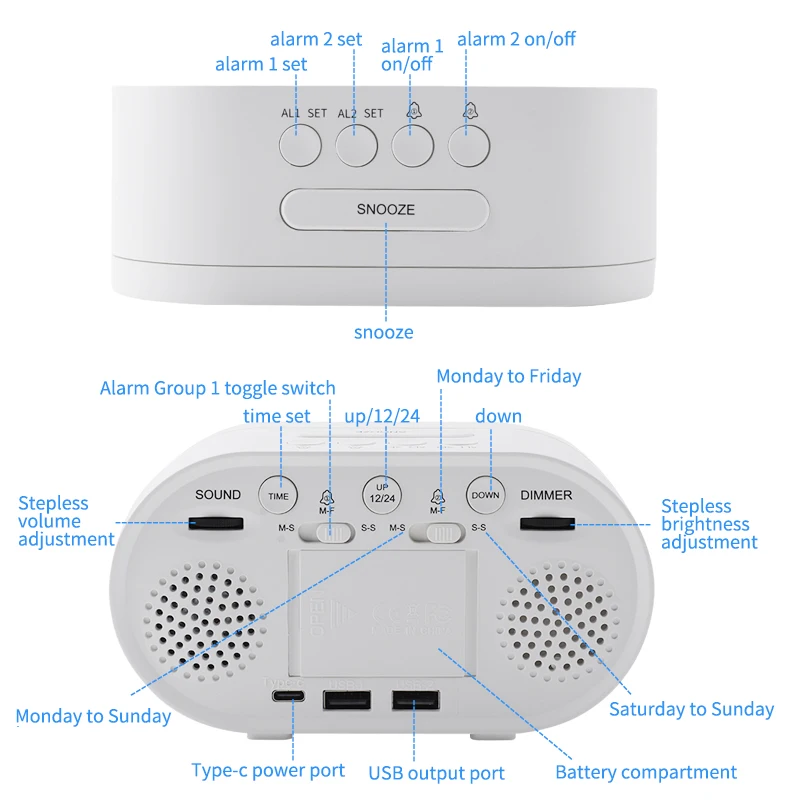 Best Large Time Display USB Batteries Powered with 2 Groups of Alarms and Snooze Function Mirror Alarm Desk Clock for Bedroom