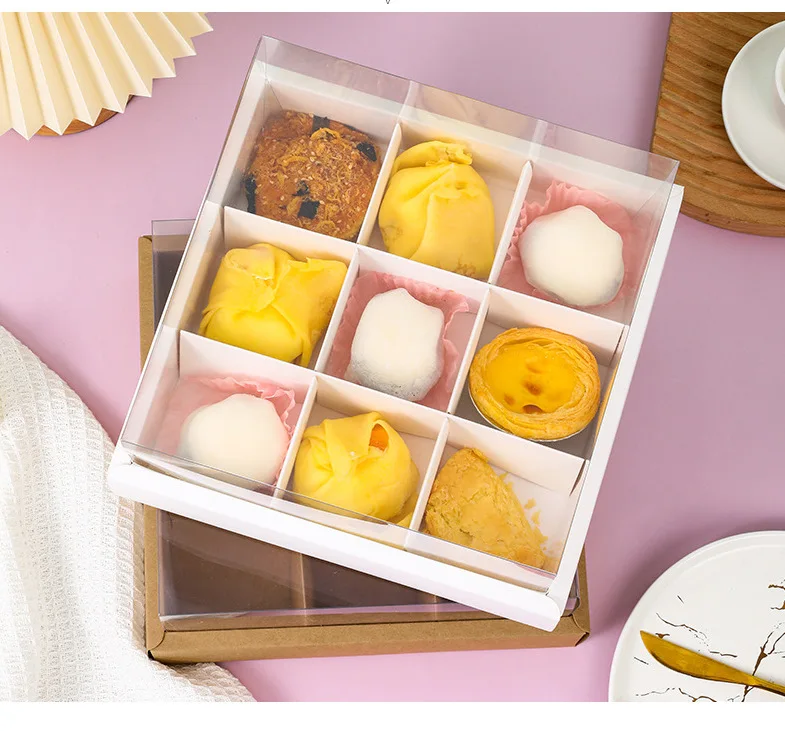 Clear Lid Nine Spaces Dessert Cake Box Bread Biscuit Snack Baking Kraft