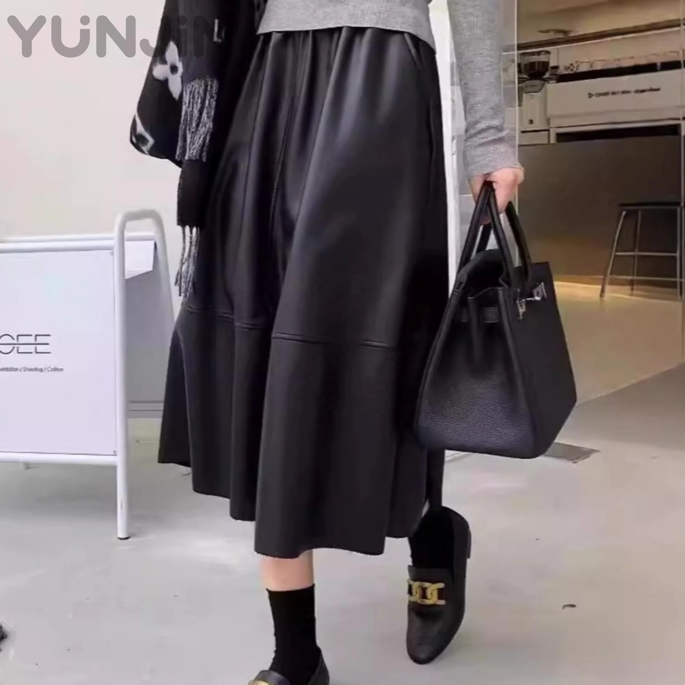 Women Genuine Sheep Leather Midi Skirt Elastic Waist