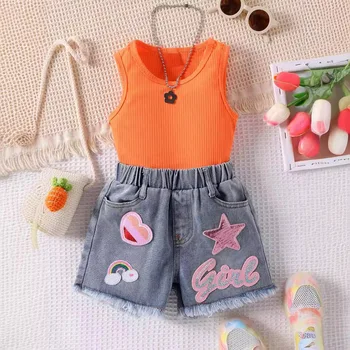Europe and America girls' suit solid color vest top + Embroidered badge Denim shorts summer new children's clothing