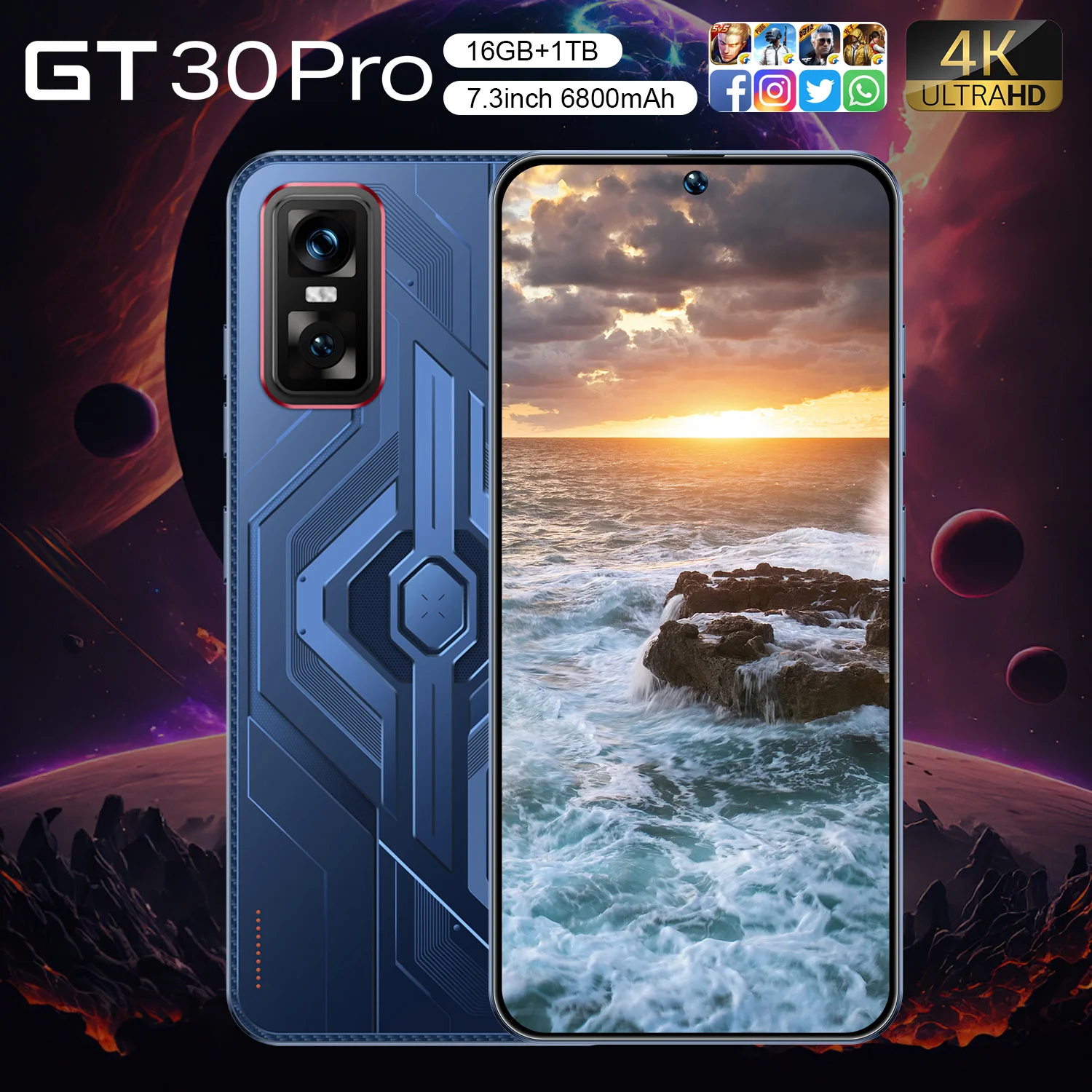 GT30 Pro 7.3inch Drop Screen 16gb 1tb Smartphone Mobile Phones