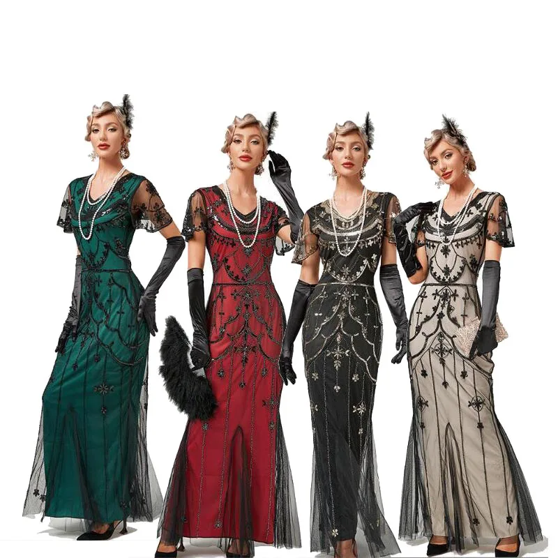 Ecowalson Women 1920s Great Gatsby Dress Long 20s Flapper Dress Vintage V  Neck Sequins Beads Maxi Party Dress Mesh Prom Gown