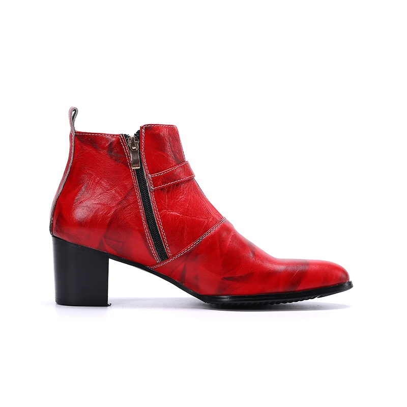 NA441 Red Genuine Leather Men High Heel Boots Pointed Toe Party Dress Shoes Nightclub Jazz Dancer Man Short Boots