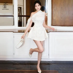 Solid Designer One-Shoulder Mini Casual Dresses for Women Fashion Sleeveless High Waist Cocktail Dress