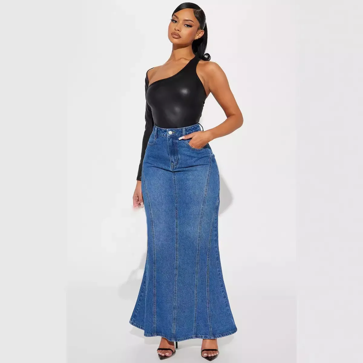 Modern Denim Casual Pockets Women Long Jeans Skirt Sexy Women Long Jean Skirts