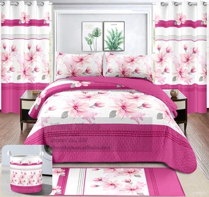 Wholesale 8 Pieces Luxury Floral Bedspread Coverlet Quilt Bedding Set With Curtain and Mat and Laundry Bag for All Seasons