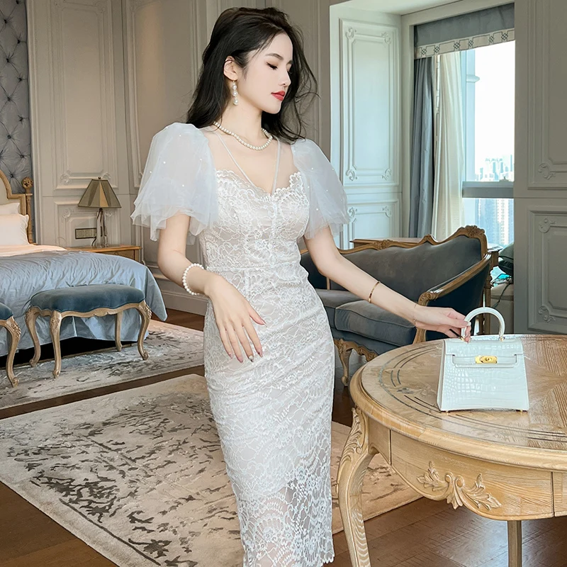 ZYHT 20644 Wholesale White Double Layer Mesh Flare Short Sleeve Women Dress  Lace Embroidered Temperament Wrapped Hip Slit Dress