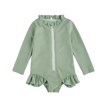 Toddler Kids Baby Girls Swimwear Knitted Front Zipper Long Sleeve Ruffles Summer Swimsuit Jumpsuits Bathing Swimming Suit
