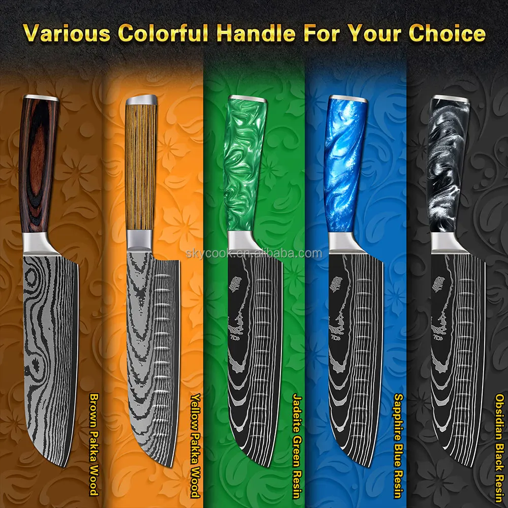Free Shipping 7 Inch Damascus Sushi Santoku Carving Utility Vegetable Knife With Sapphire Blue