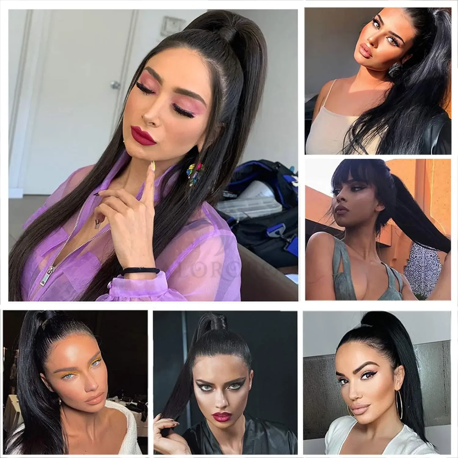 Natural Black Drawstring Ponytail Human Hair Extensions Clip-in_voghion.com