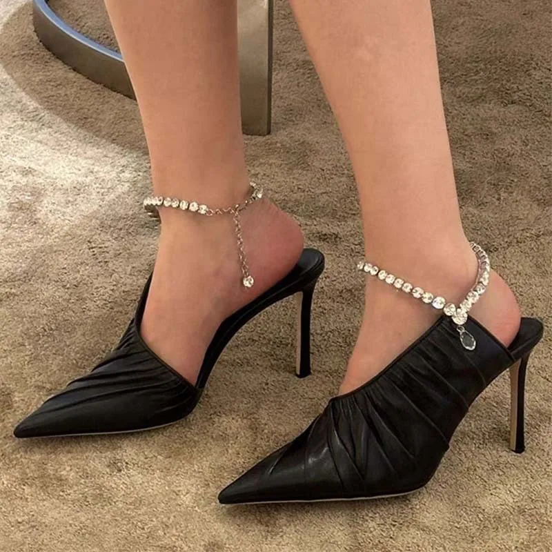 2024 Elegant Summer Sexy Point Toe Ladies Shoes Chain Rhinestone Stud Women Stiletto High Heel Pumps - Image 4