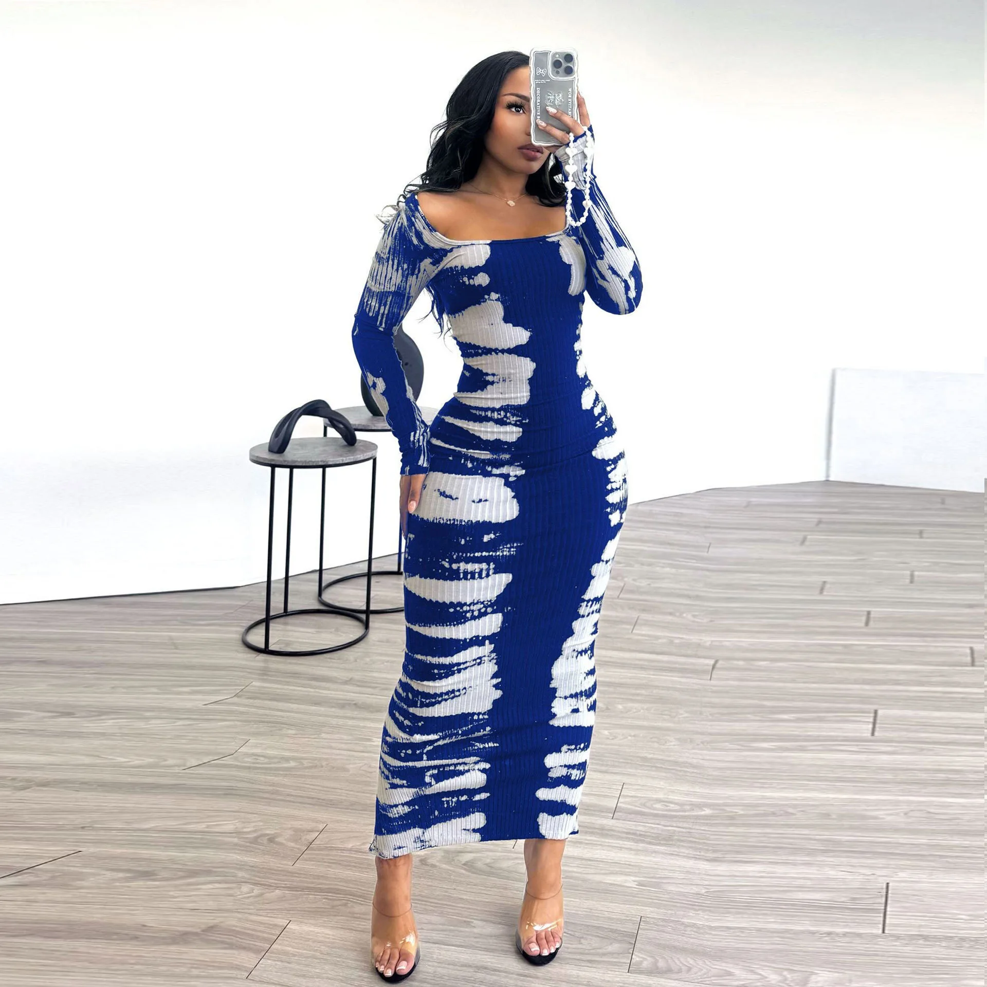 King McGreen Star Elegant Print Knitted Bodycon Maxi Dress Women Long Sleeve Square Neck Stretchy Slim Fit Club Long Dresses