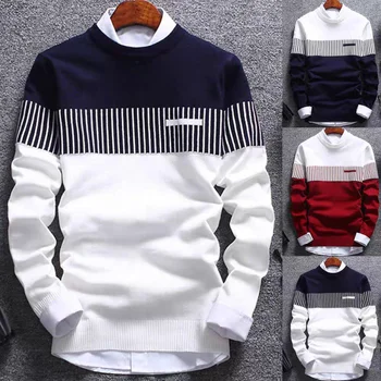 Business Wholesale Cheap Custom Crew Neck Winter Fashion Striped Casual Cotton Men's Pullover Knitting Sweater