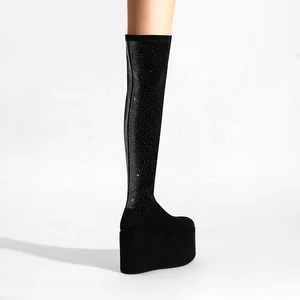 Custom Over-the-Knee Thigh High Boots Black Platform Wedge with Rhinestones Zip Closure Height Increasing for Autumn Winter