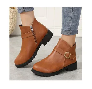 Fashion High Top Leather Upper With Buckle Strap Clean Finish Zipper Design Classic Round Toe Shape Women's Ankle Boots