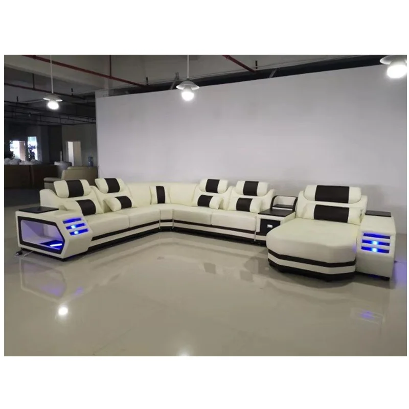 Modern Xxl U Shape Solid Wood Genuine Leather Sectional Sofa Set With