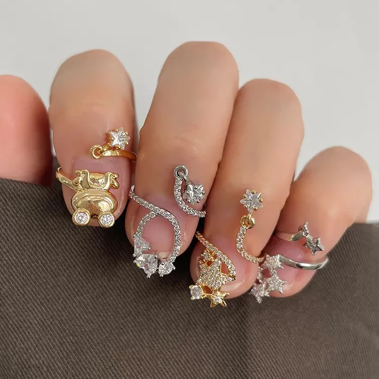 Custom Rhinestone Full Diamond Finger Nail Ring Adjustable Fingernail