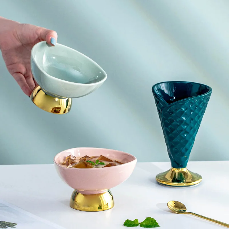 Ins Korean Style Creative Dessert Personalized Ice Cream Bowl Ceramic  Splash Ink High Foot Bowl Yogurt Fruit Cup