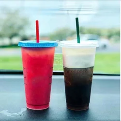 Новый дизайн пластиковая красочная кружка-неваляшка кружка меняющая цвет холодного кофе с соломинкой и