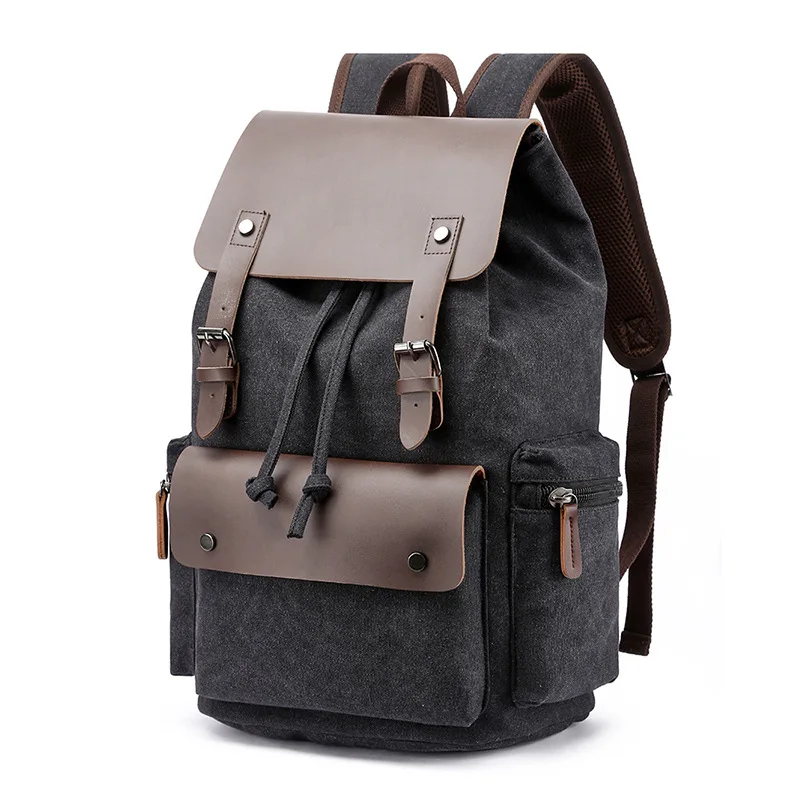 canvas leather backpack factory Guangzhou Factory Guangzhou Wholesale Vintage Male Men Brown Canvas Leather  Backpack