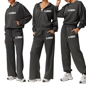 Women Solid Sweatsuit Set Two Piece Casual Joggers Pants Zip up Hoodie Set Custom Sports Tracksuits for Women