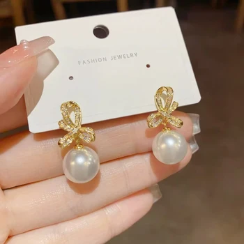 Beautiful Bow Pearl Earrings With  Needle New Fashion Drop Design Elegant Temperament Gift