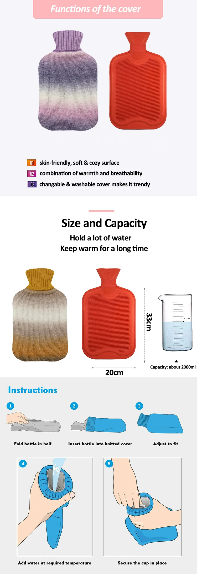 new design popular rubber hot water bottle with super soft knitted cover high capacity hot water bag 2 liters
