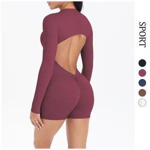Women's Backless Cutout Yoga Onesie Long Sleeve Butt-Lifting Quick-Dry Gym Workout Bodysuit Tight Activewear