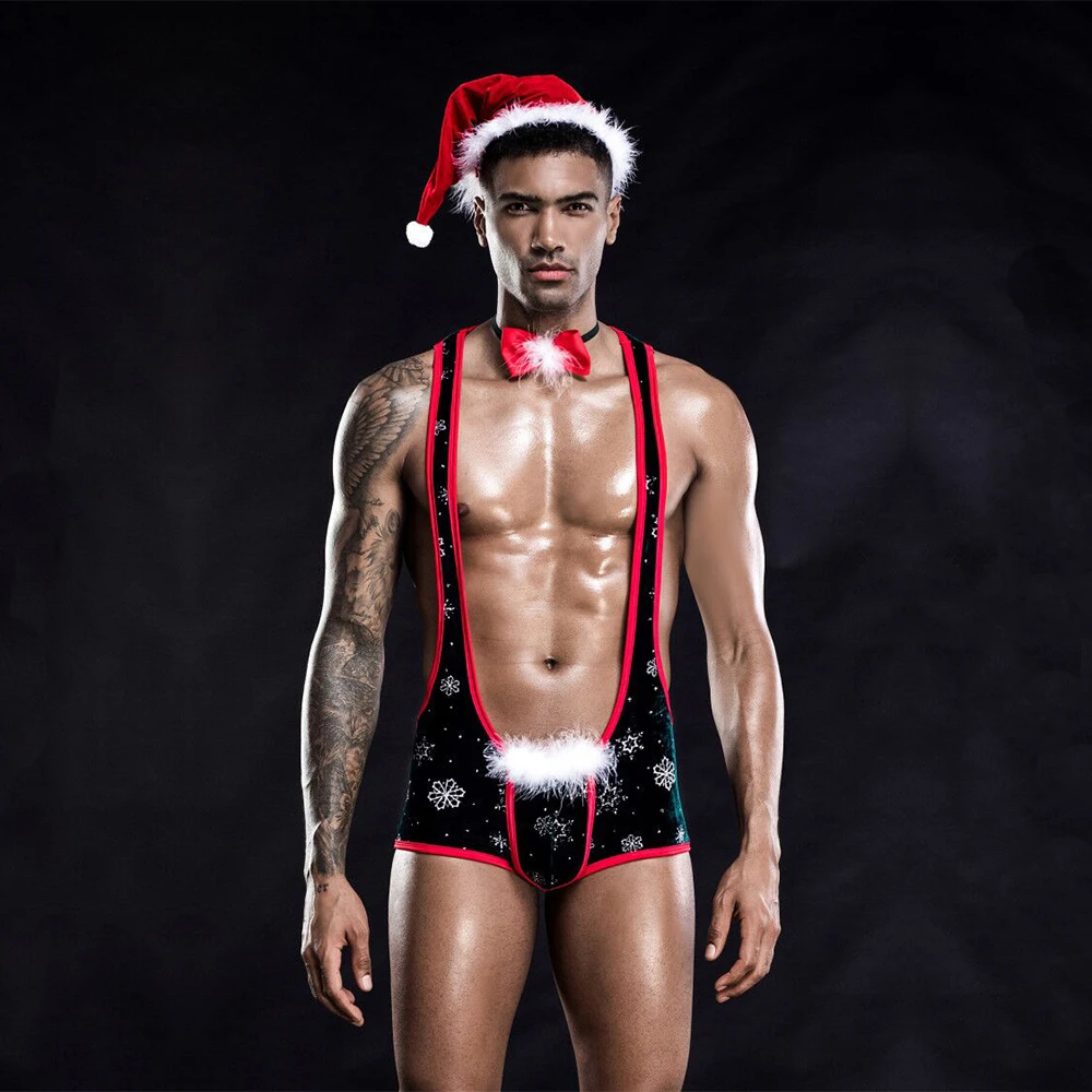 Three Pieces Hot Red Velvet Jumpsuit Sexy Christmas Lingerie for Men Christmas Party Wear