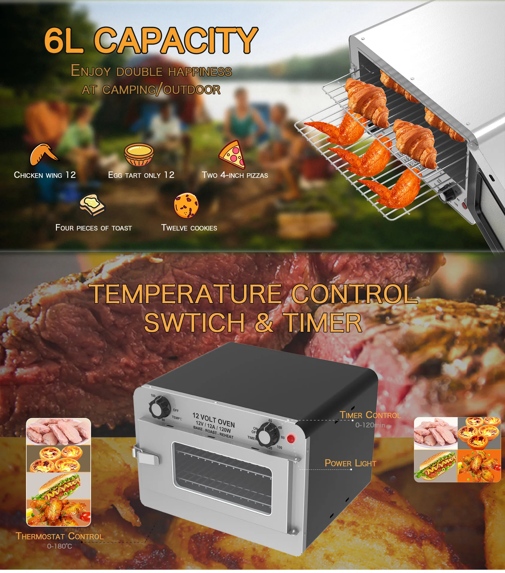 Stainless Steel 12v Battery Powered Portable Travel Oven,12 Volt