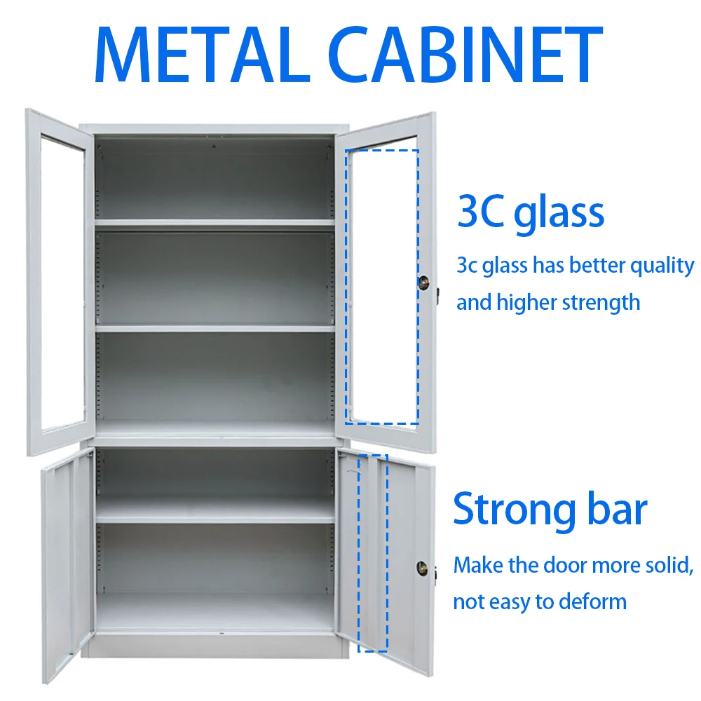 Metal Storage Cabinet with Lockable Glass Door 2 Adjustable Shelves Heavy-Duty for Home Office, Kitchen, Pantry Organizer