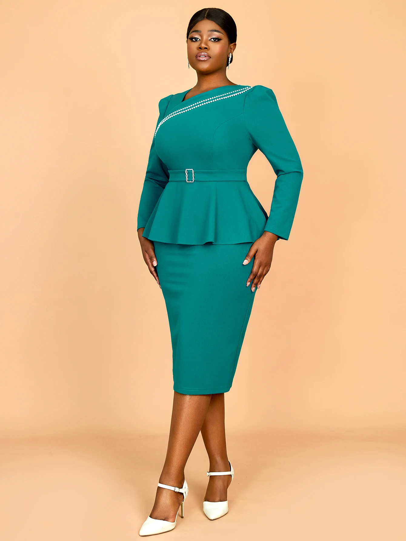 AM041228 Peplum Design with Belt Bling White Bead Oblique Collar