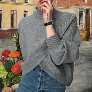 Autumn Wholesale New Design Half-High Collar Cross Irregular Knitted Pullover Long-Sleeved Loose Solid Color