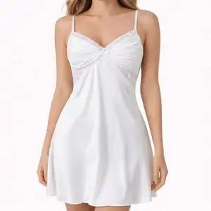 Custom Sexy Women Floral Satin Lace Breathable Soft Fashion Elegant Nylon Nightgowns Front Short Sleeves OEM ODM Sleepwear