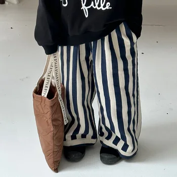 2024 Children's autumn clothing loose striped casual pants boys and girls wide-leg straight pants fashionable trousers