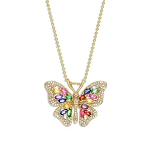 Wholesale Real Yellow Gold Plated Marquise Cut Gemstone Jewelry Rhinestone Crystal Colorful butterfly Necklace