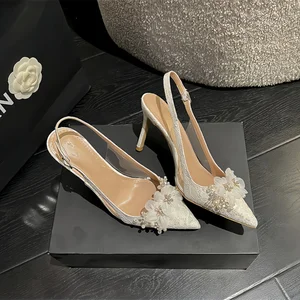New Shoes 6CM/8CM/10CM White Flower Wedding Shoes Pointed Stiletto High Heels Fashionable Sexy Women Slingback High Heels Ladies