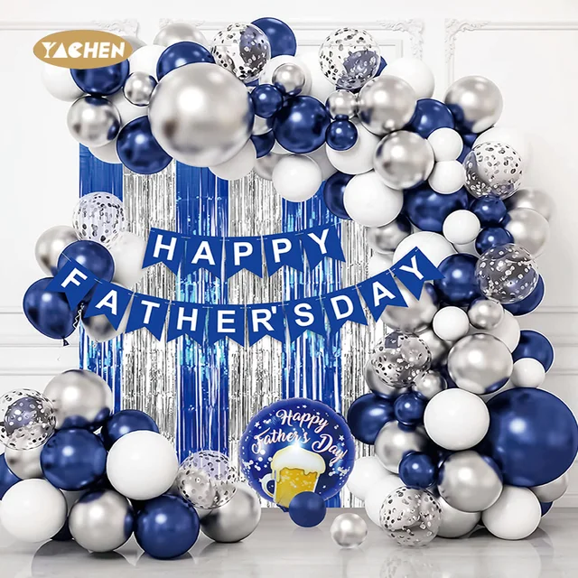Yachen 77pcs metallic dark blue silver white latex balloons garland arch kit for father's day party decorations supplies