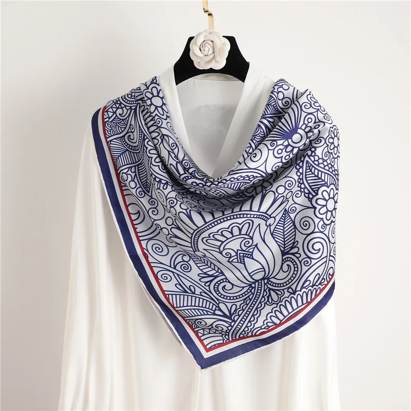 90cm Luxury Silk Scarf - Vintage Design for Women