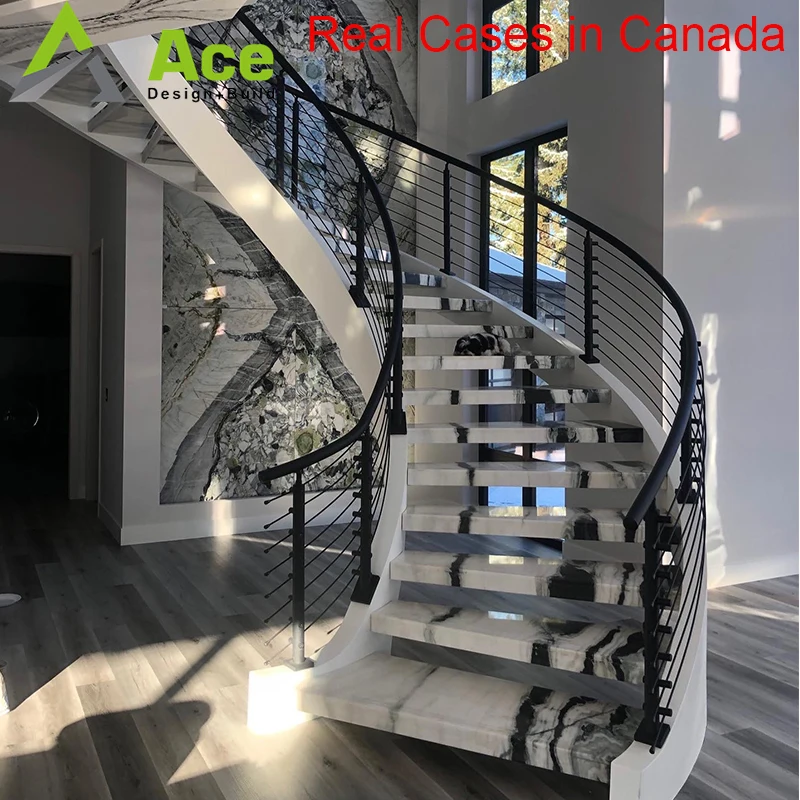 Villa Projects Curved/arched Double Beam Staircase with LED Stairs Light Solid Wood Tread