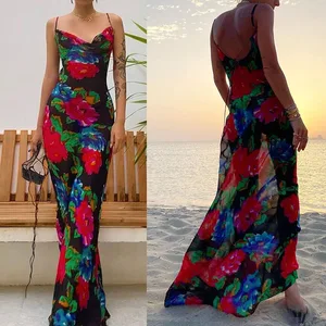 Wholesale Summer Red Blue Floral Printing Slim Fit Spaghetti Tie Back Women Casual Stain Maxi Dresses