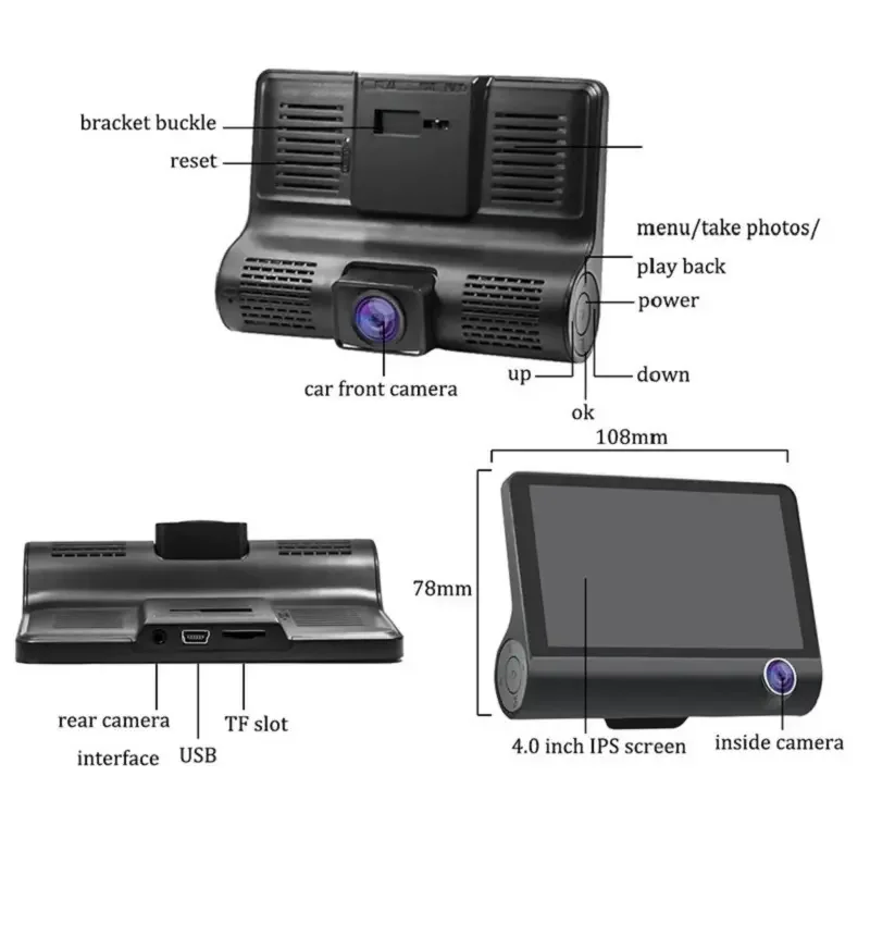 Otomatik kayıt Dash kamera araba dvr'ı 4 inç ekran Dash kamera 3 kameralar Lens dikiz kamera ile taşınabilir Video kaydedici