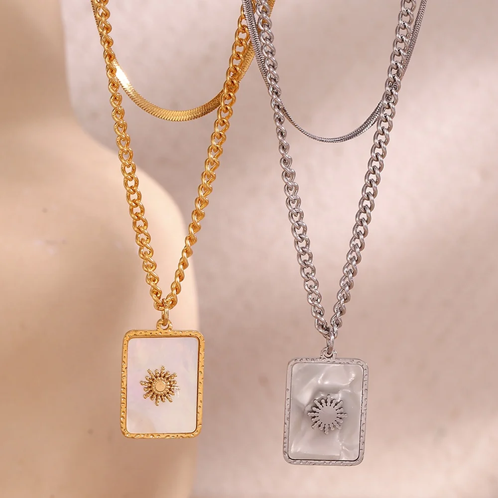 Double Layer Herringbone Necklace Engraved Sun Shell Necklace